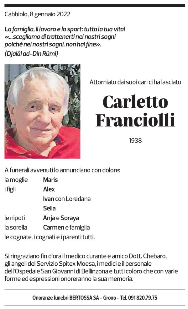 Annuncio funebre Carletto Franciolli