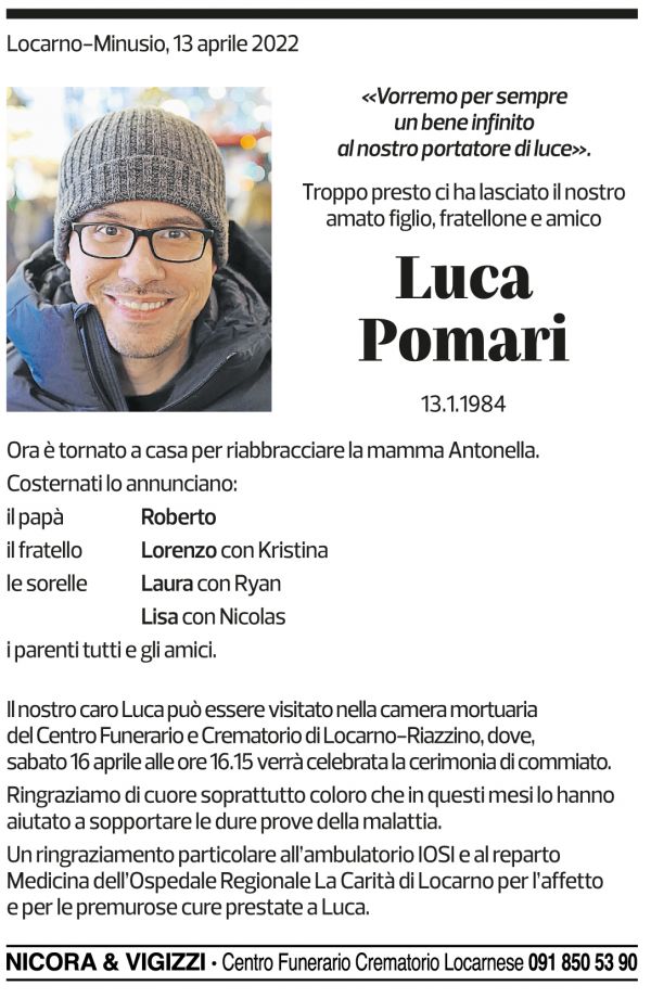 Annuncio funebre Luca Pomari