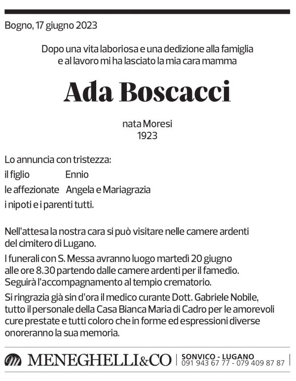 Annuncio funebre Ada Boscacci