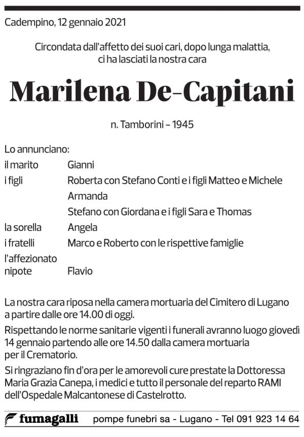 Annuncio funebre Marilena De-capitani