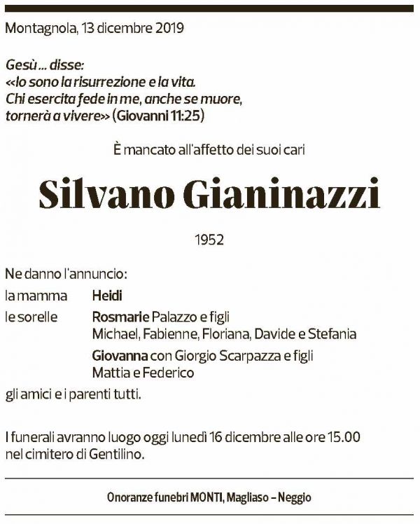 Annuncio funebre Silvano Gianinazzi