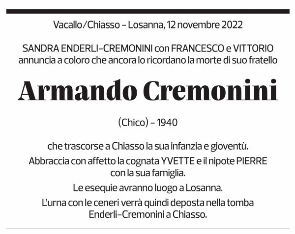 Annuncio funebre Armando Cremonini