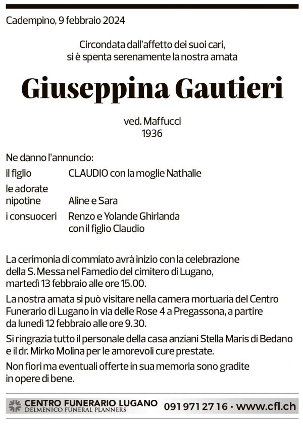 Annuncio funebre Giuseppina Gautieri