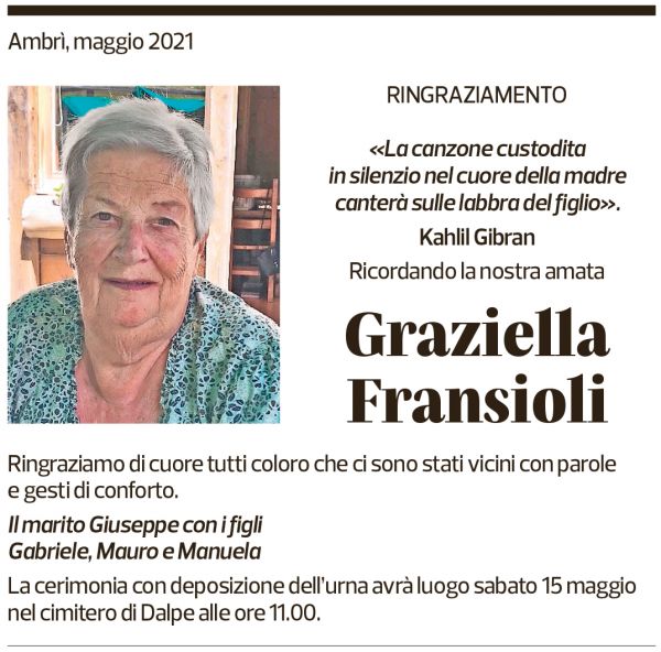 Annuncio funebre Graziella Fransioli