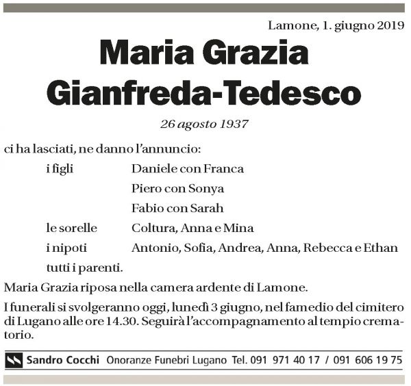 Annuncio funebre Maria Grazia Gianfreda-tedesco
