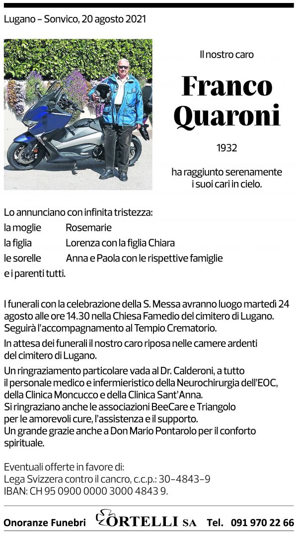 Annuncio funebre Franco Quaroni