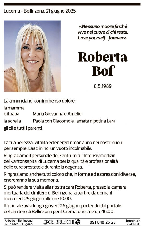 Annuncio funebre Roberta Bof
