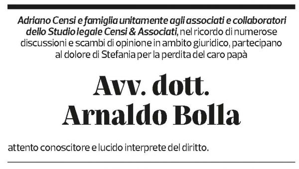 Annuncio funebre Arnaldo Bolla