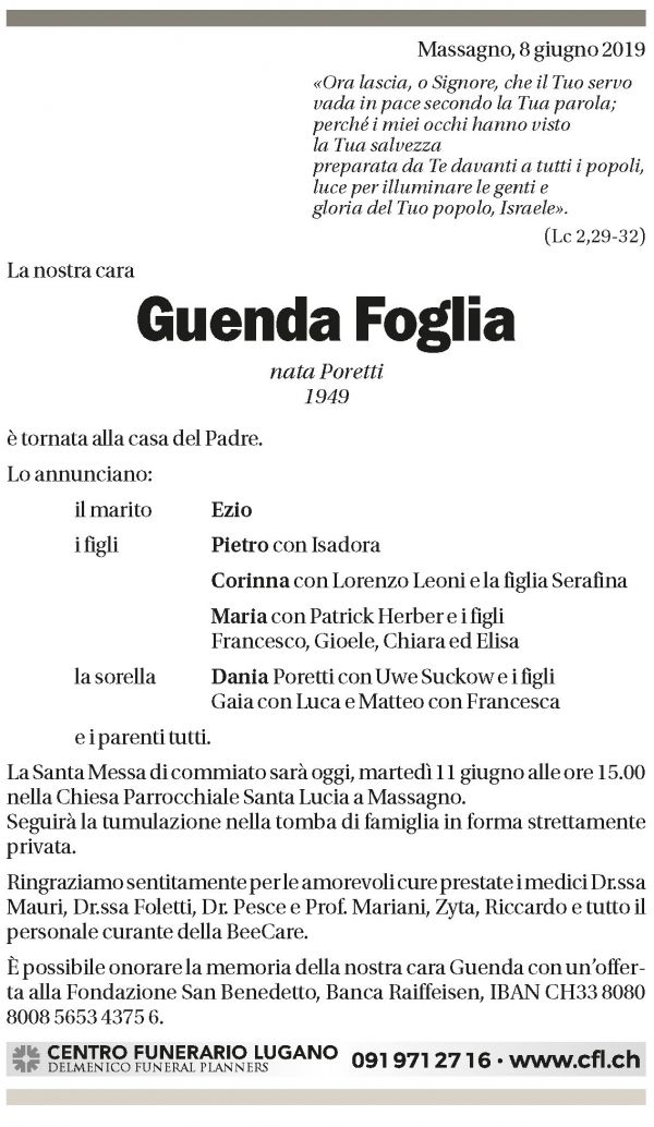 Annuncio funebre Guenda Foglia