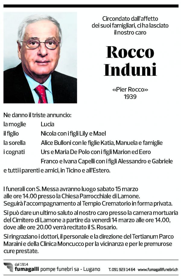 Annuncio funebre Rocco Induni