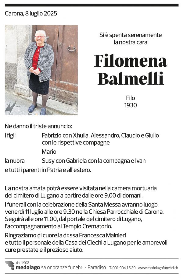 Annuncio funebre Filomena Balmelli