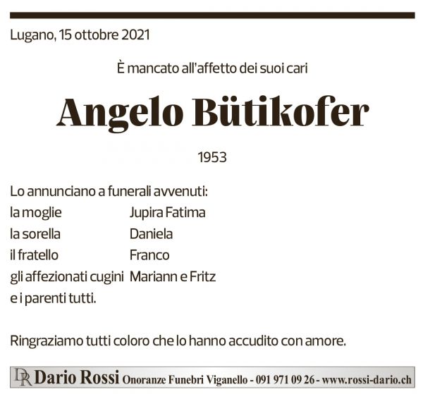 Annuncio funebre Angelo Bütikofer