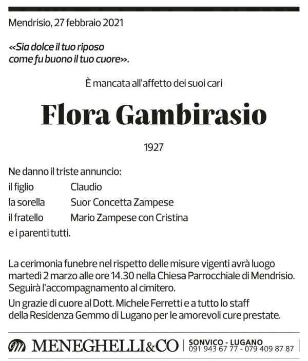 Annuncio funebre Flora Gambirasio