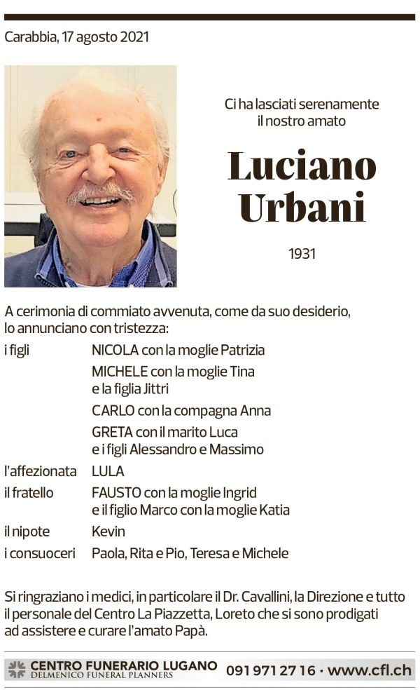 Annuncio funebre Luciano Urbani