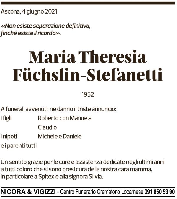 Annuncio funebre Maria Theresia Füchslin-stefanetti