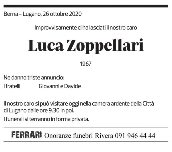 Annuncio funebre Luca Zoppellari