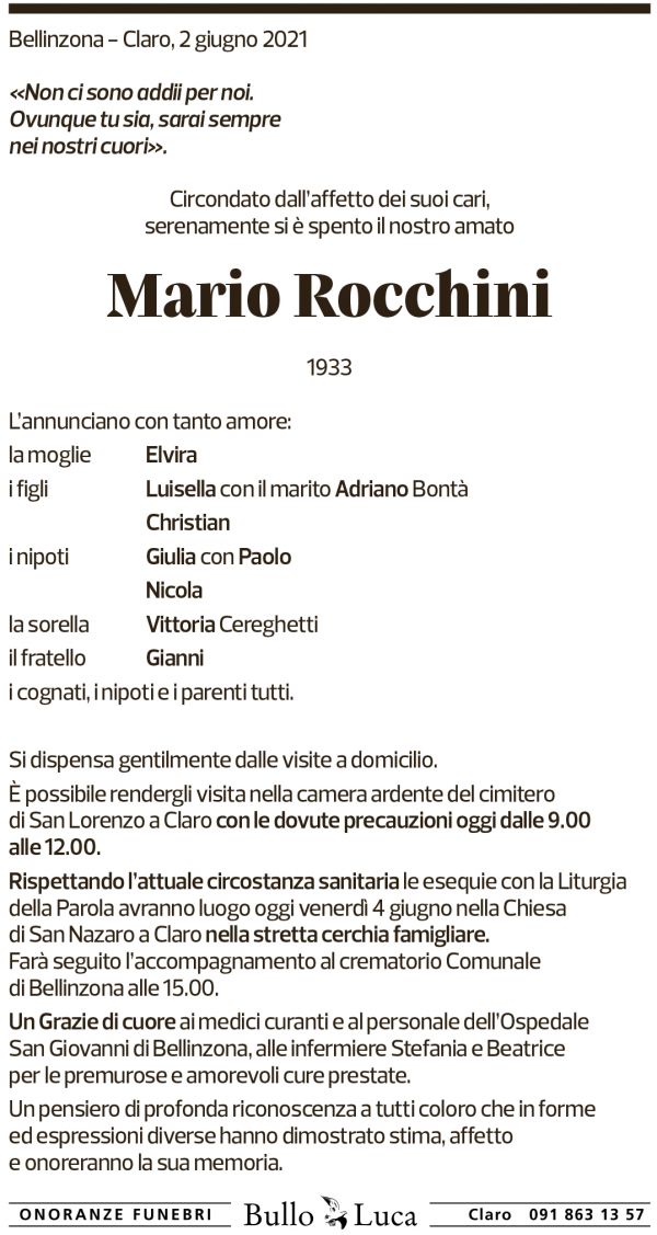 Annuncio funebre Mario Rocchini