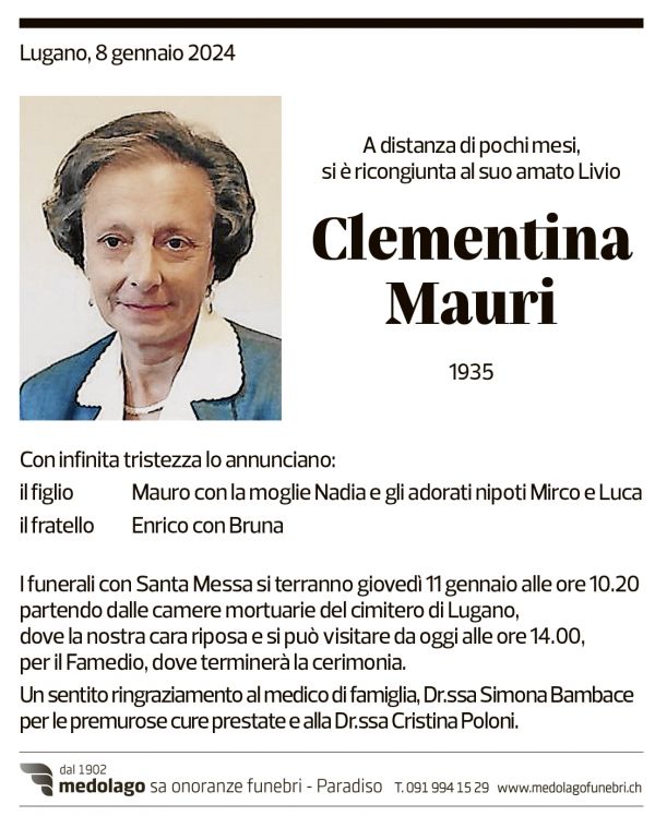 Annuncio funebre Clementina Mauri