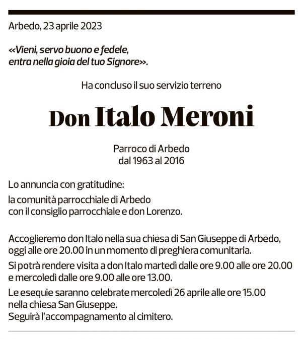 Annuncio funebre Don Italo Meroni