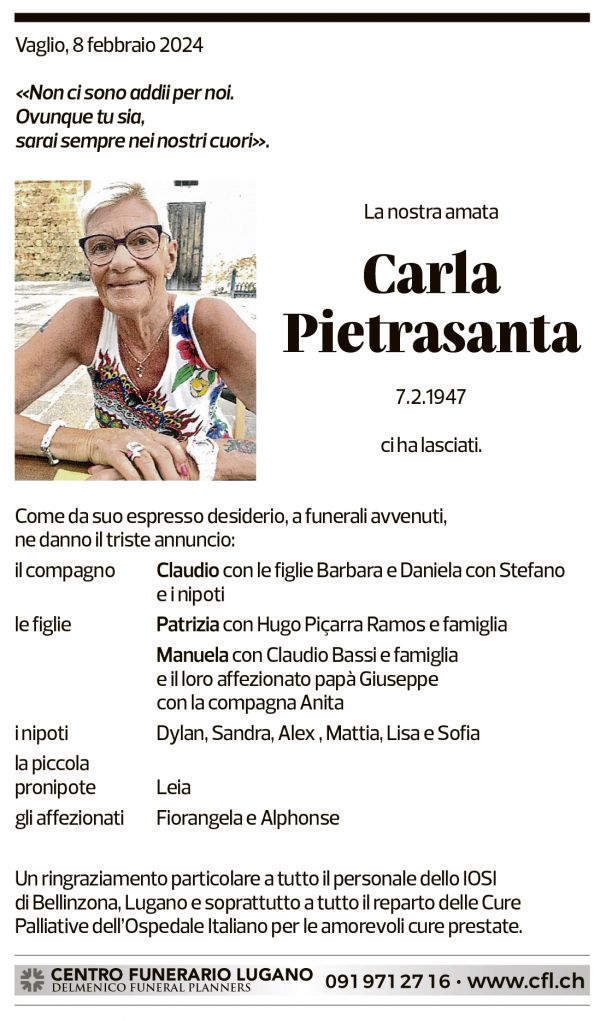 Annuncio funebre Carla Pietrasanta