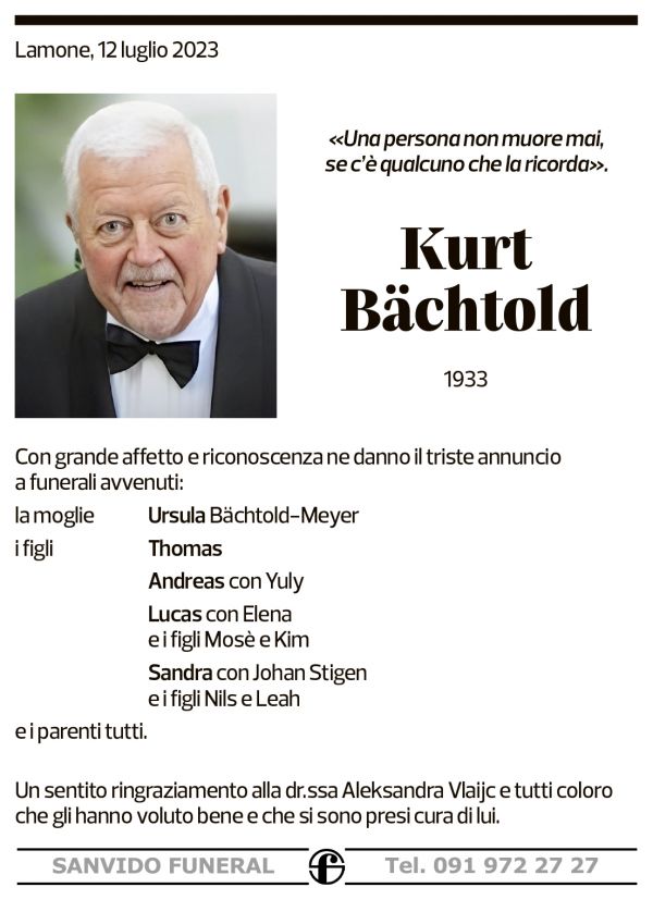 Annuncio funebre Kurt Bächtold