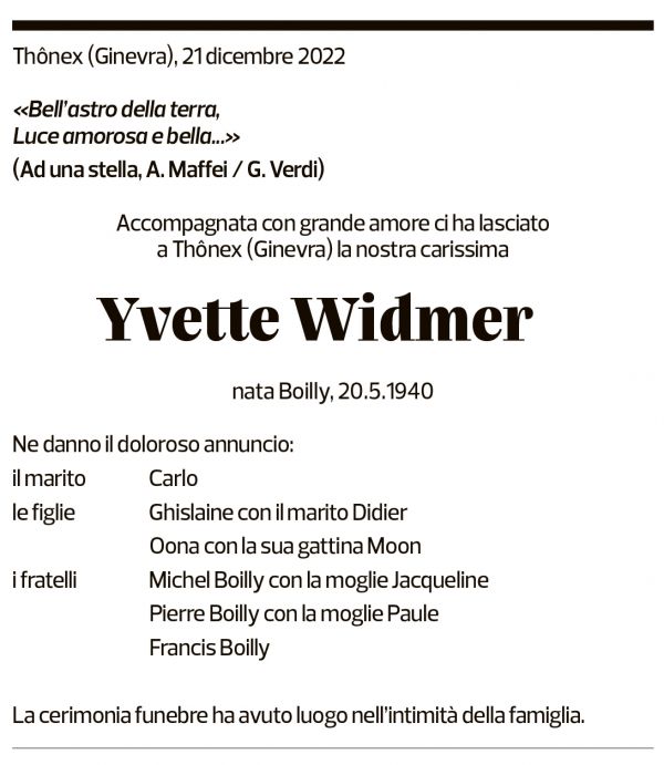 Annuncio funebre Yvette Widmer