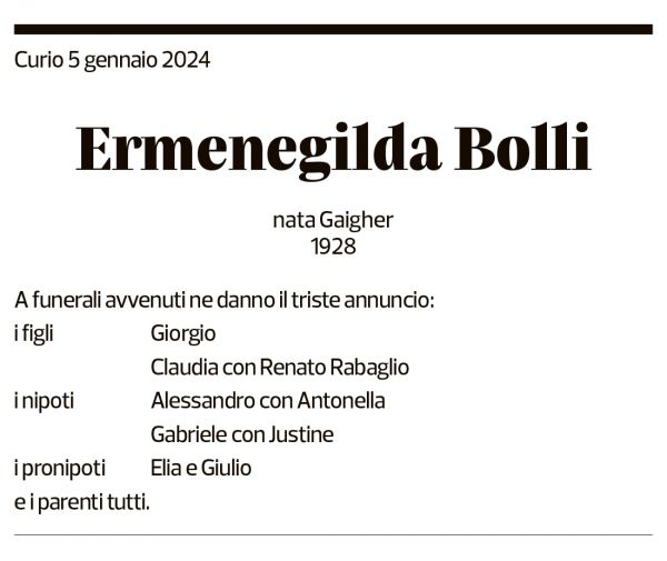 Annuncio funebre Ermenegilda Bolli