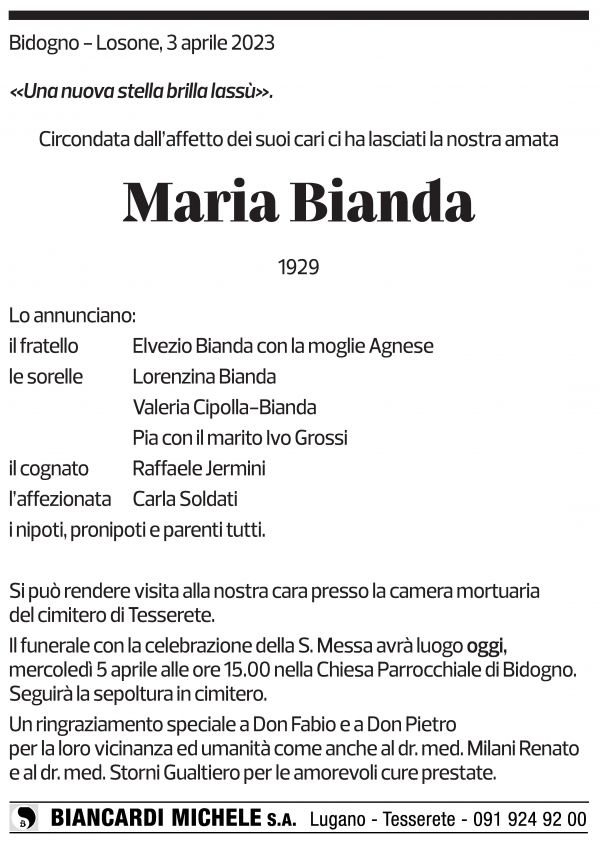 Annuncio funebre Maria Bianda