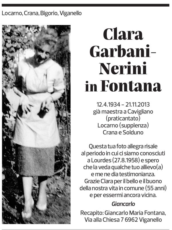 Annuncio funebre Clara Garbani-nerini