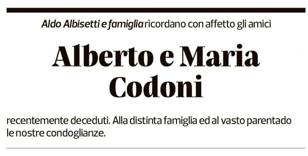 Annuncio funebre Alberto Codoni Maria Codoni