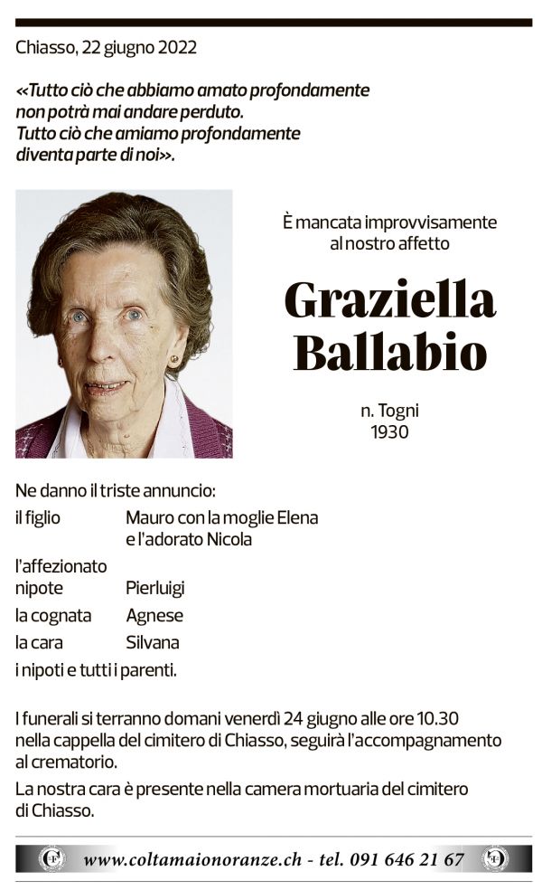 Annuncio funebre Graziella Ballabio