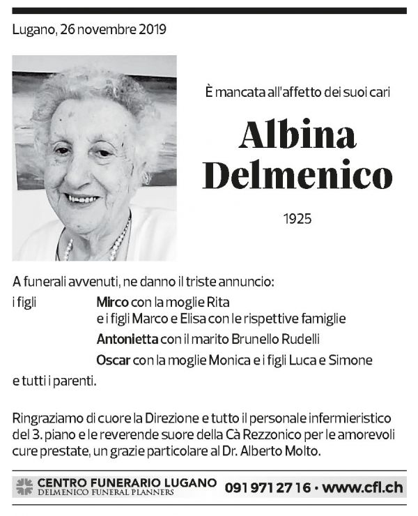 Annuncio funebre Albina Delmenico