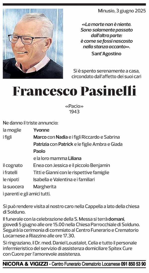 Annuncio funebre Francesco Pasinelli