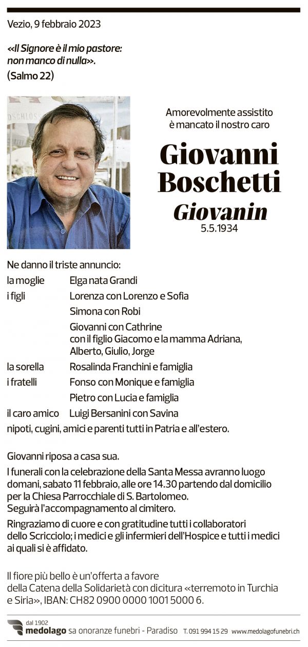 Annuncio funebre Giovanni Boschetti