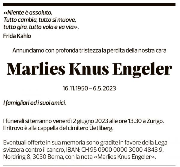 Annuncio funebre Marlies Knus Engeler