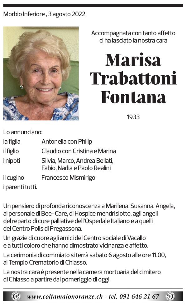 Annuncio funebre Marisa Trabattoni Fontana