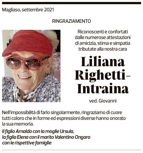 Annuncio funebre Liliana Righetti-intraina