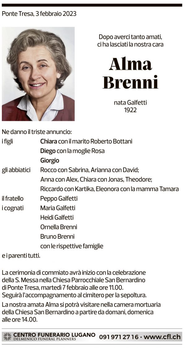 Annuncio funebre Alma Brenni