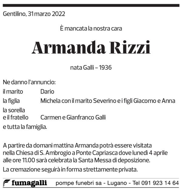 Annuncio funebre Armanda Rizzi