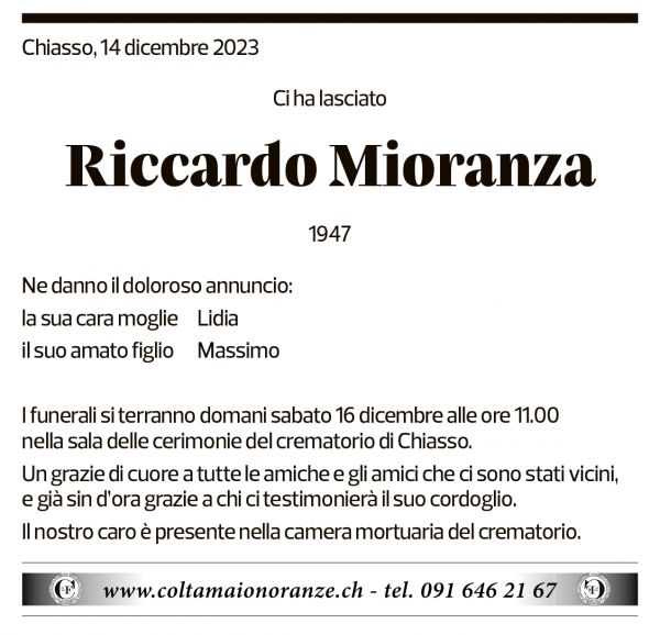 Annuncio funebre Riccardo Mioranza