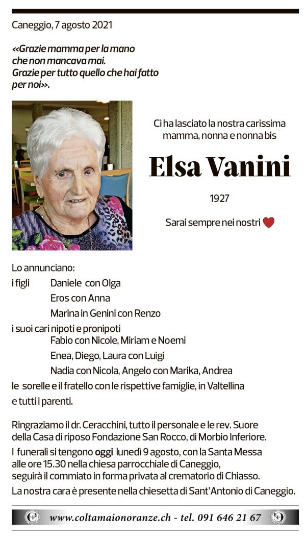 Annuncio funebre Elsa Vanini