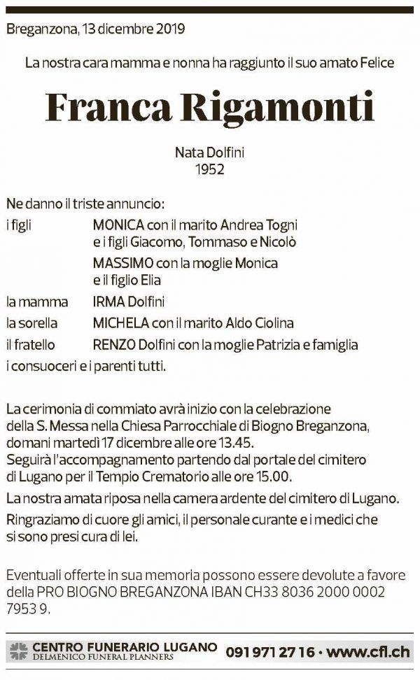 Annuncio funebre Franca Rigamonti