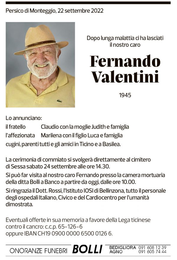 Annuncio funebre Fernando Valentini