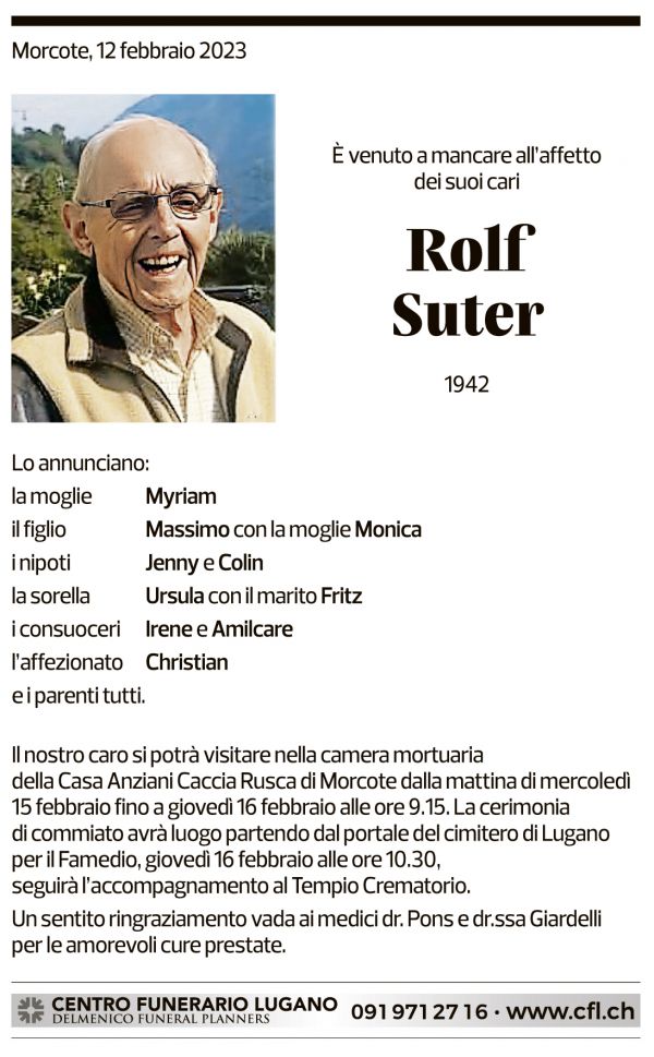 Annuncio funebre Rolf Suter