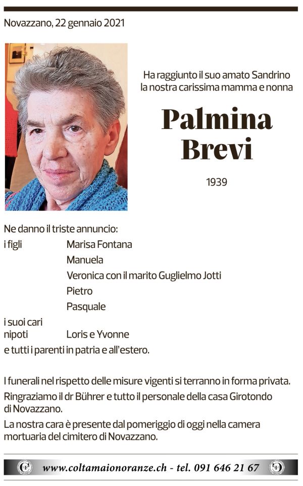 Annuncio funebre Palmina Brevi