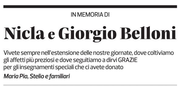 Annuncio funebre Nicla E Giorgio Belloni