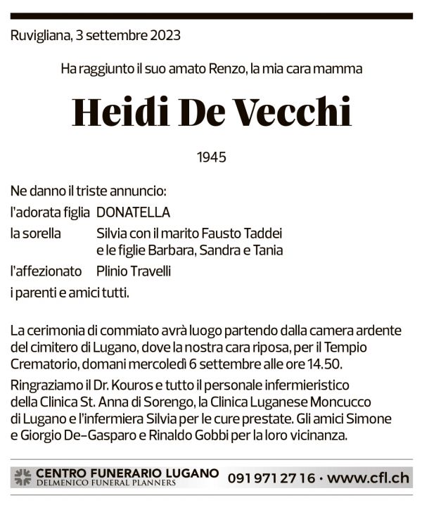 Annuncio funebre Heidi De Vecchi