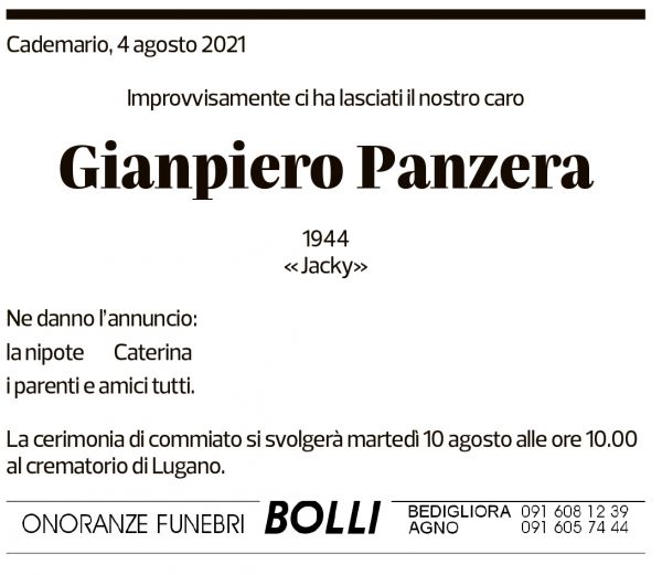 Annuncio funebre Gianpiero Panzera