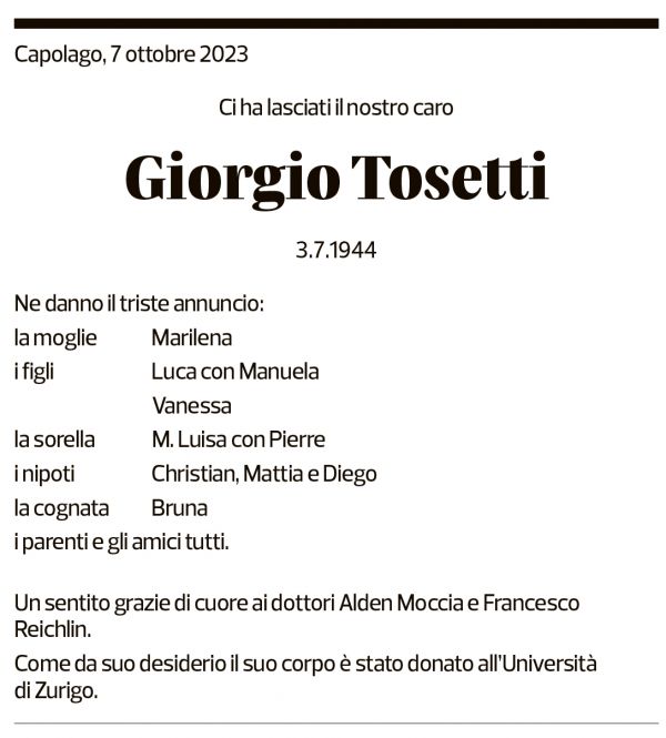 Annuncio funebre Giorgio Tosetti