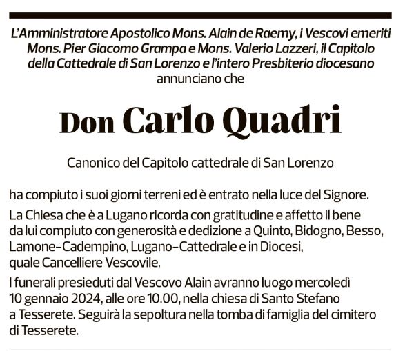 Annuncio funebre Don Carlo Quadri